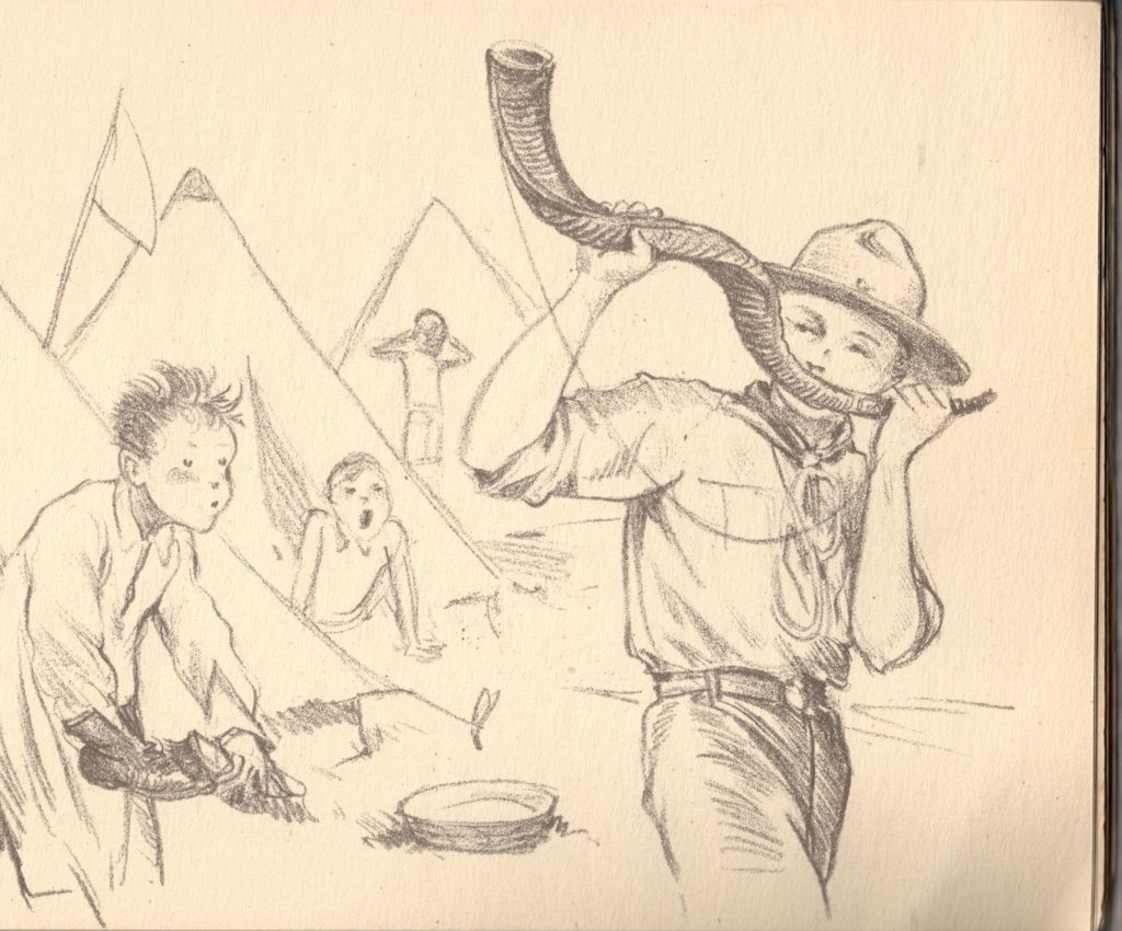 Skizzenbuch ein Pfadfinder bläst das Kuduhorn zum Morgengruß